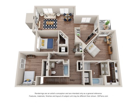 Floor plan for 3 beds, 2 baths, 1374 sqft